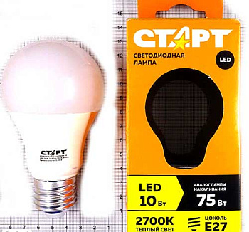 Лампа светодиодная теплый свет 10 Вт 220В 50Гц 2700K K E27 Старт